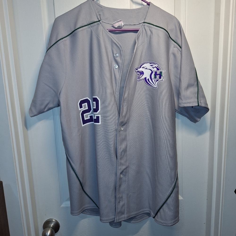 A4 Gray Button Up Sports Baseball Jersey Purple Logo 22 Large